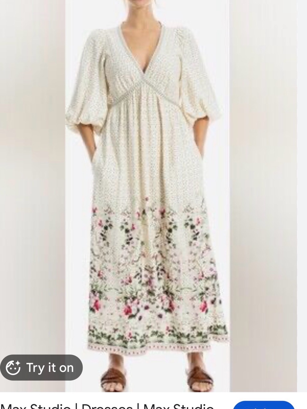 Max Studio Ivory Floral Border Maxi Dress with Puff Sleeves